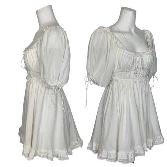 En Saison Puff-Sleeve Mini Dress S White Empire Waist Ruffle Trim Anthropologie - Picture 3 of 13